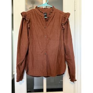 GAP Women’s Ruffle Corduroy Blouse Rust Brown Long Sleeve Boho Cottagecore M